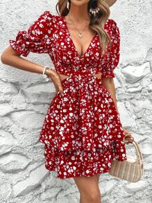 SHEIN VCAY 碎花腰部鏤空二層下擺連衣裙 - 紅白色 - 查看 5