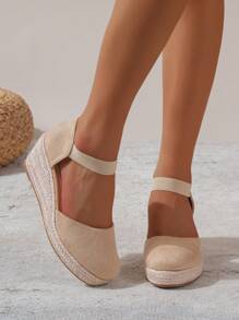 女士極簡編織踝帶度假夏天仿麂皮坡跟鞋