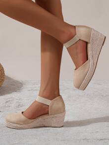 女士極簡編織踝帶度假夏天仿麂皮坡跟鞋