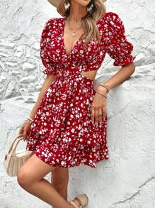 SHEIN VCAY 碎花腰部鏤空二層下擺連衣裙 - 紅白色 - 查看 6