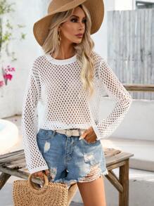 SHEIN VCAY Áo len nữ cắt màu trơn Gợi cảm - trắng - Xem 3