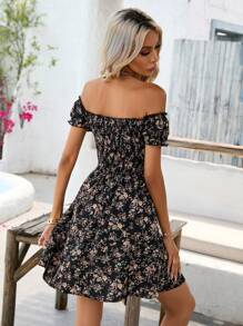 SHEIN VCAY Kleid mit Blümchen Muster, schulterfrei - Schwarz - Übersicht 4