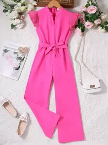 SHEIN Girls Ruffle Trim Belted Jumpsuit - Hot Pink - View 1