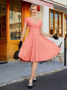 MUXXN Solid Sweetheart Neckline Wrap Detail Dress - Coral Pink - View 1