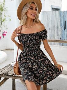 SHEIN VCAY Kleid mit Blümchen Muster, schulterfrei - Schwarz - Übersicht 1