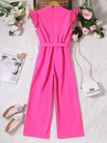SHEIN Girls Ruffle Trim Belted Jumpsuit - Hot Pink - View 2