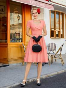 MUXXN Solid Sweetheart Neckline Wrap Detail Dress - Coral Pink - View 3