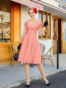 MUXXN Solid Sweetheart Neckline Wrap Detail Dress - Coral Pink - View 5