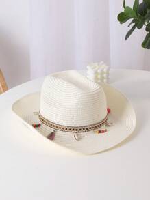 1入組女性流蘇和珠子裝飾牛仔草編帽適用於戶外遊玩 - 白色 - 查看 1