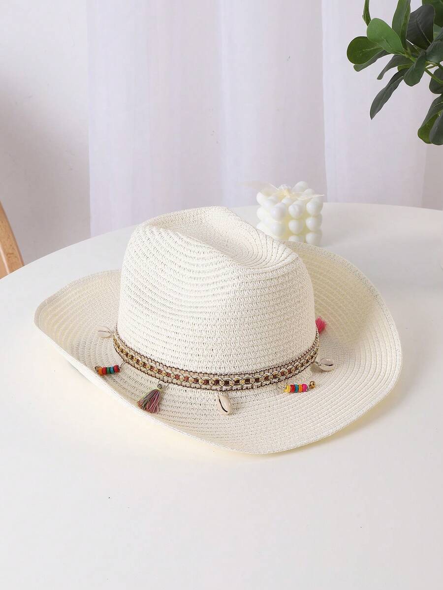 1入組女性流蘇和珠子裝飾牛仔草編帽適用於戶外遊玩 - 白色 - 查看 1