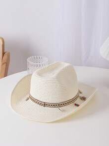 1入組女性流蘇和珠子裝飾牛仔草編帽適用於戶外遊玩 - 白色 - 查看 2
