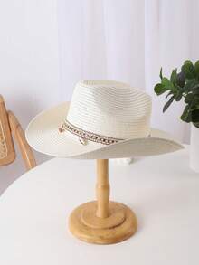 1入組女性流蘇和珠子裝飾牛仔草編帽適用於戶外遊玩 - 白色 - 查看 3