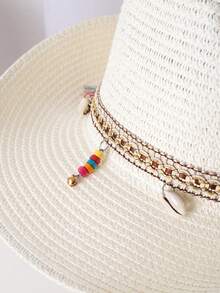 1入組女性流蘇和珠子裝飾牛仔草編帽適用於戶外遊玩 - 白色 - 查看 5