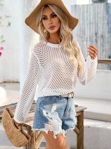 SHEIN VCAY Áo len nữ cắt màu trơn Gợi cảm - trắng - Xem 4