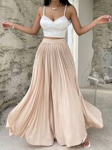 SHEIN Privé 高腰百褶超長半身裙 - 杏色 - 查看 3