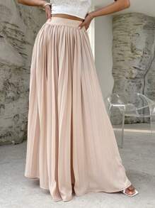 SHEIN Privé 高腰百褶超長半身裙 - 杏色 - 查看 4