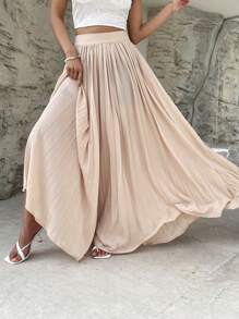 SHEIN Privé 高腰百褶超長半身裙 - 杏色 - 查看 5