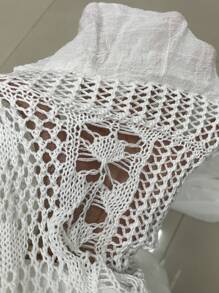 SHEIN Swim Vestido cubre bañador con tejido de bambú mixto tejido de doble empalme con borde de hoja de loto, detalle retorcido y cuello en V cruzado para mujeres en vacaciones - Blanco - Ver 7