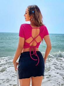 SHEIN EZwear Lace Up Backless Crop Tee - Hot Pink - View 7