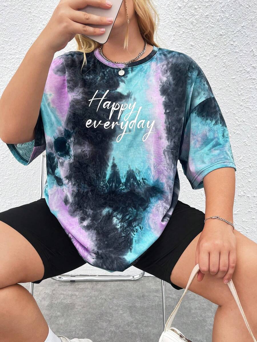 SHEIN EZwear 大碼紮染標語圖案落肩T恤 - 彩色 - 查看 1