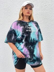 SHEIN EZwear 大碼紮染標語圖案落肩T恤 - 彩色 - 查看 4