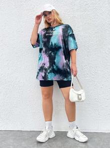 SHEIN EZwear 大碼紮染標語圖案落肩T恤 - 彩色 - 查看 6