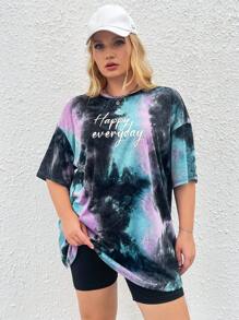 SHEIN EZwear 大碼紮染標語圖案落肩T恤 - 彩色 - 查看 2