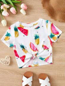 SHEIN 小女童水果印花下擺打結T恤 - 白色 - 查看 1