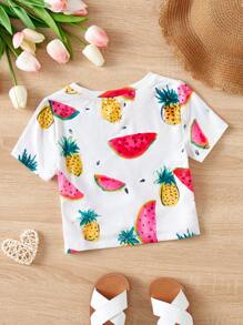 SHEIN 小女童水果印花下擺打結T恤 - 白色 - 查看 2