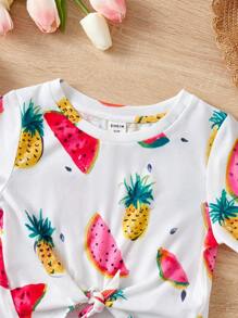 SHEIN 小女童水果印花下擺打結T恤 - 白色 - 查看 3