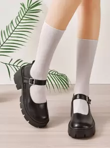 秋冬女士玛丽珍鞋，人造革优雅高跟鞋，黑色，优雅，派对鞋