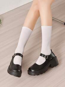 秋冬女士玛丽珍鞋，人造革优雅高跟鞋，黑色，优雅，派对鞋