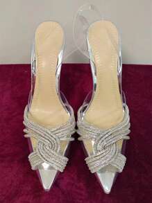 Women Rhinestone Decor Stiletto Heeled Pumps, Glamorous Banquet Clear Slingback Pumps - Clear - View 2