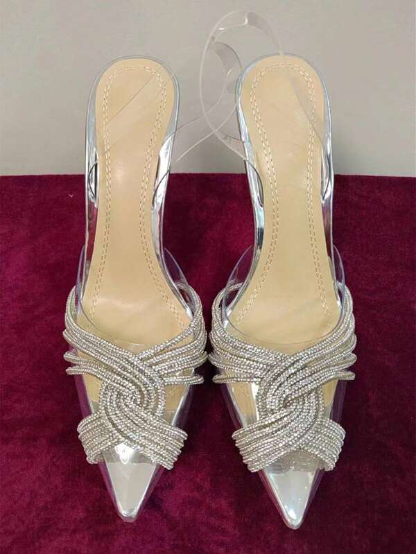 Women Rhinestone Decor Stiletto Heeled Pumps, Glamorous Banquet Clear Slingback Pumps