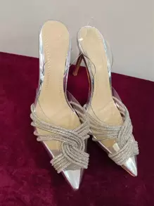 Women Rhinestone Decor Stiletto Heeled Pumps, Glamorous Banquet Clear Slingback Pumps - Clear - View 3