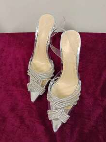 Women Rhinestone Decor Stiletto Heeled Pumps, Glamorous Banquet Clear Slingback Pumps - Clear - View 4