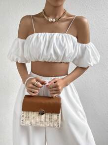 Firerie Cold Shoulder Puff Sleeve Crop Top - White - View 4