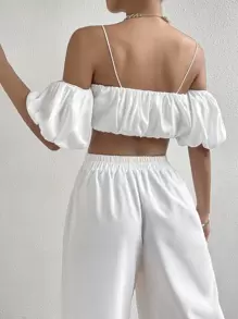 Firerie Cold Shoulder Puff Sleeve Crop Top - White - View 2