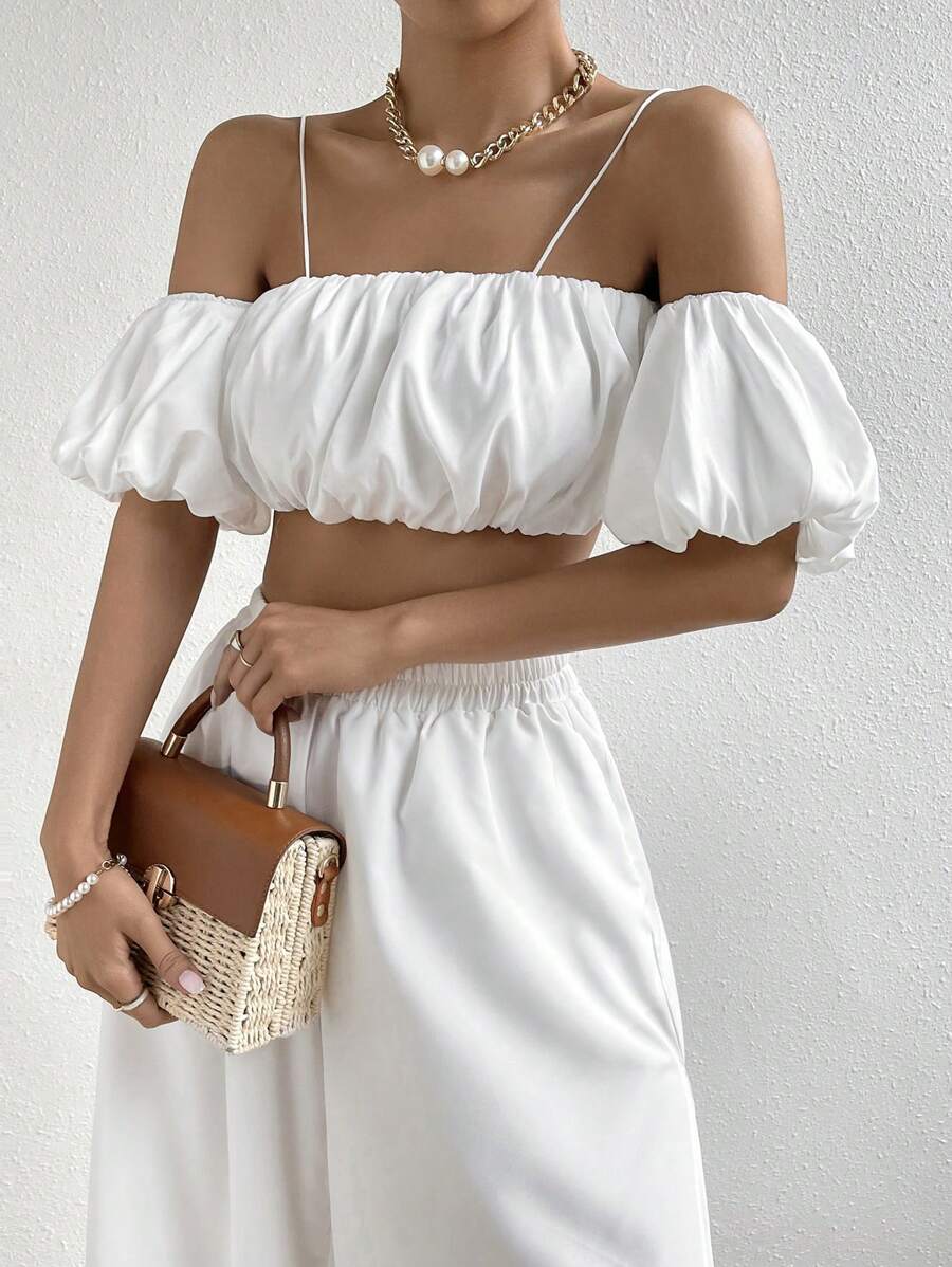 Firerie Cold Shoulder Puff Sleeve Crop Top - White - View 1