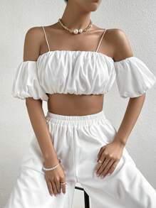 Firerie Cold Shoulder Puff Sleeve Crop Top - White - View 6