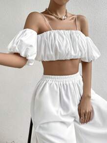 Firerie Cold Shoulder Puff Sleeve Crop Top - White - View 3