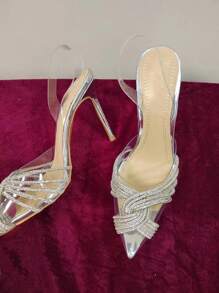 Women Rhinestone Decor Stiletto Heeled Pumps, Glamorous Banquet Clear Slingback Pumps - Clear - View 5