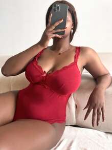 Plus Lace Trim Bow Front Cami Bodysuit - Burgundy - View 1