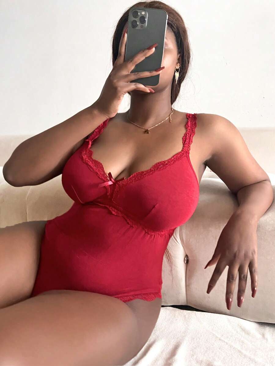 Plus Lace Trim Bow Front Cami Bodysuit - Burgundy - View 1