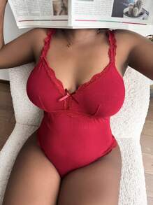 Plus Lace Trim Bow Front Cami Bodysuit - Burgundy - View 3