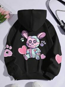 SHEIN Qutie Cartoon Graphic Kangaroo Pocket Drawstring Thermal Hoodie - Black - View 1