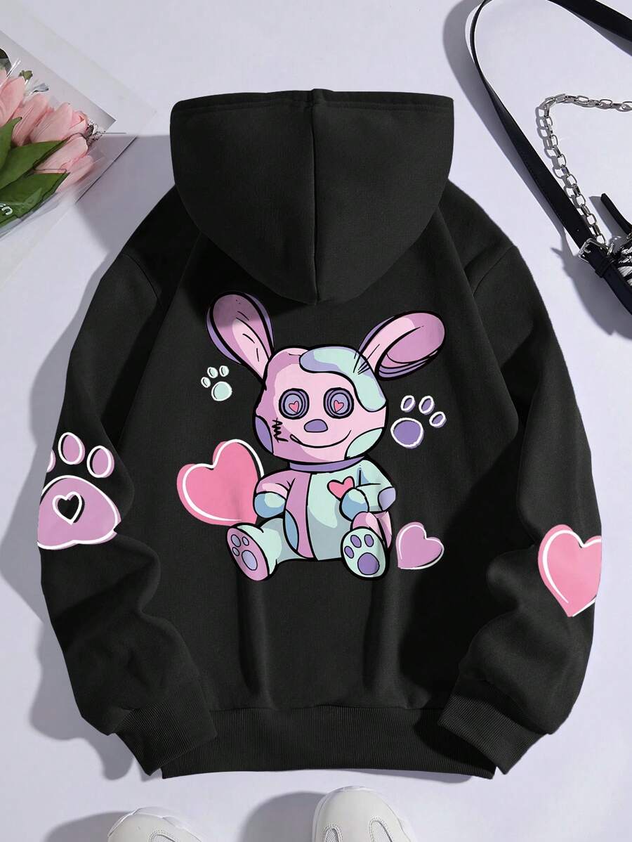 SHEIN Qutie Cartoon Graphic Kangaroo Pocket Drawstring Thermal Hoodie - Black - View 1