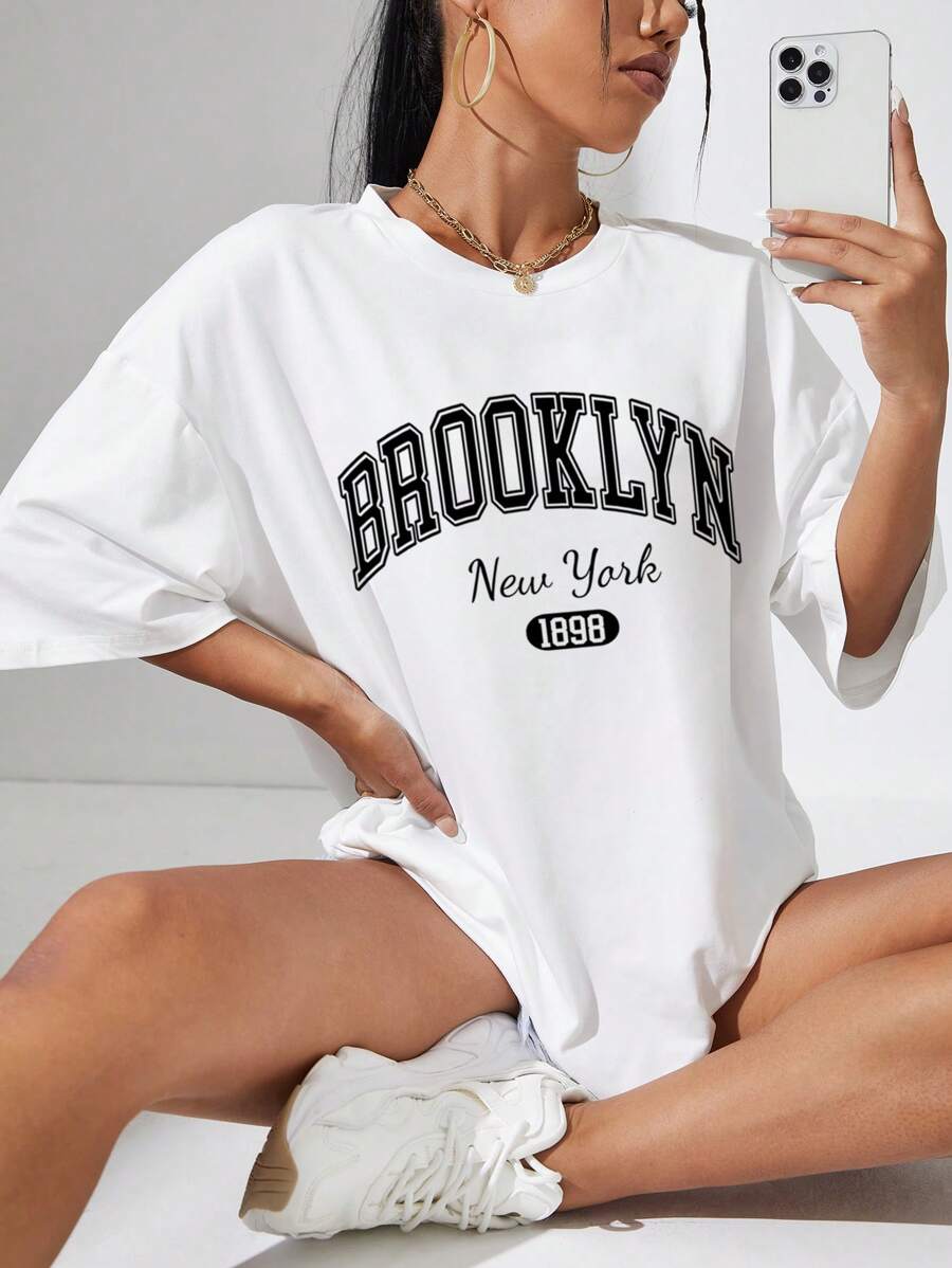 INAWLY Letter Graphic Drop Shoulder Tee Graphic Tees Women Tops - White - View 1