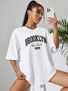 INAWLY Letter Graphic Drop Shoulder Tee Graphic Tees Women Tops - White - View 5