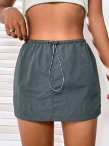 SHEIN EZwear Solid Drawstring Waist Skirt - Grey - View 1